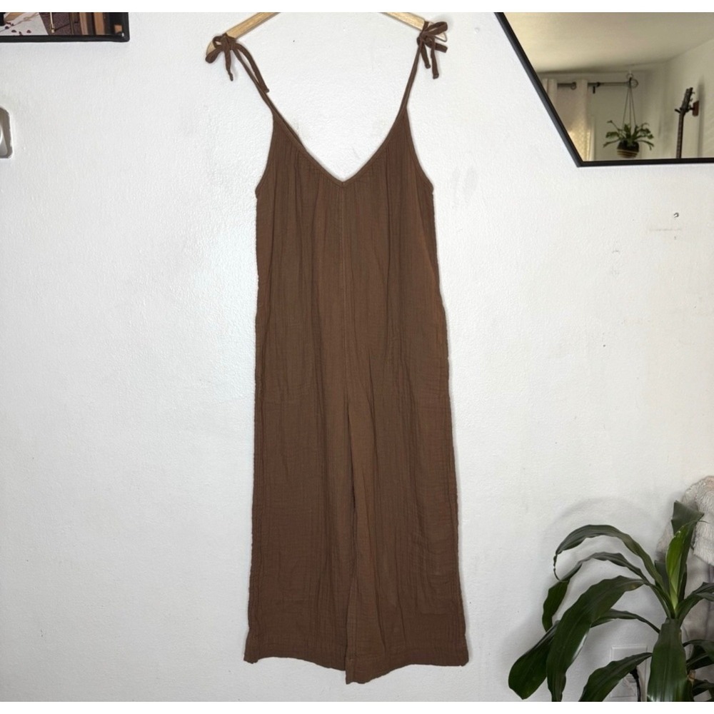 Old Navy Tie Sleeve Cropped Crinkled Jumpsuit Womens Small Brown Wide Leg Cotton
